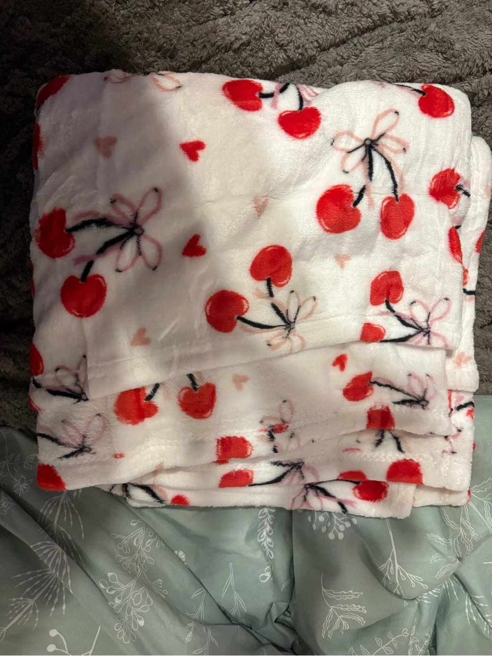 Plush Cherry Print Throw Blanket - White and Red 40x60